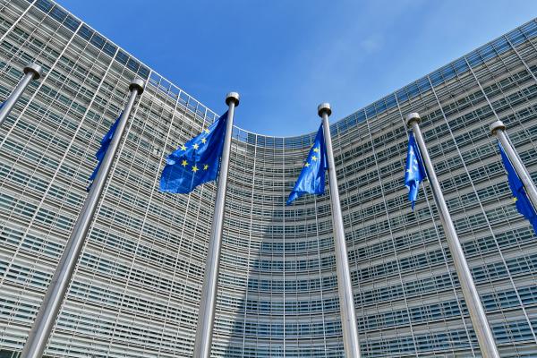 The Berlaymont Building and European Flags